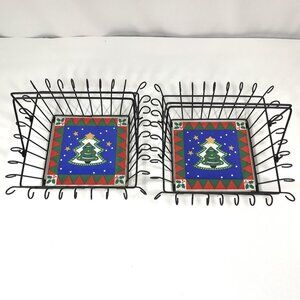 Metal Wire Basket with Porcelain Christmas Trivet Bundle